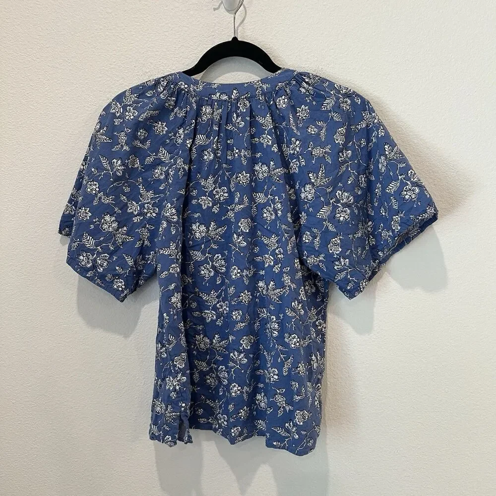Loft Blue Floral Puff Sleeve Split Neck Blouse small cottagecore teacher dainty